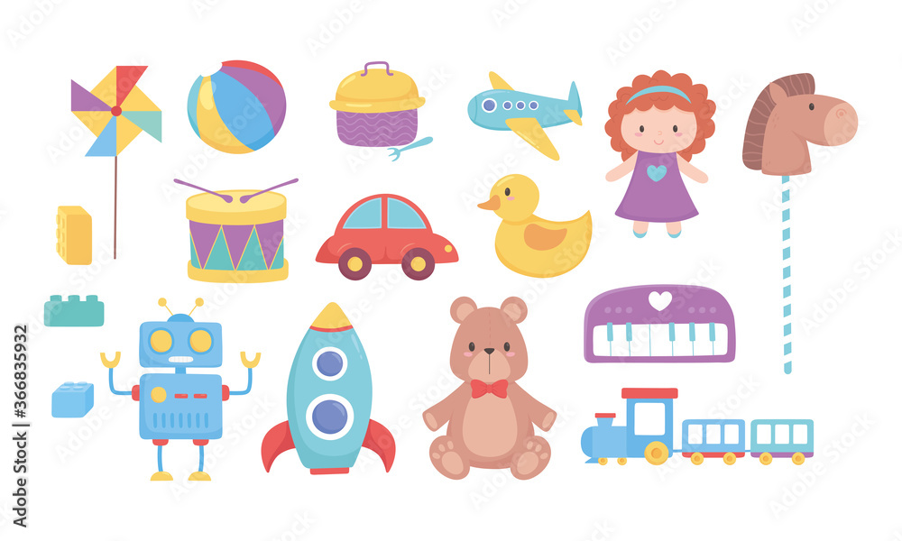 Fototapeta premium kids toys bear doll horse car train drum robot rocket ball plane icons cartoon