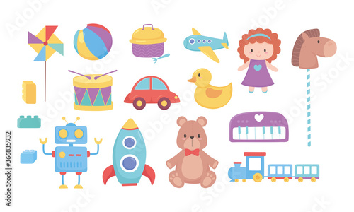 kids toys bear doll horse car train drum robot rocket ball plane icons cartoon