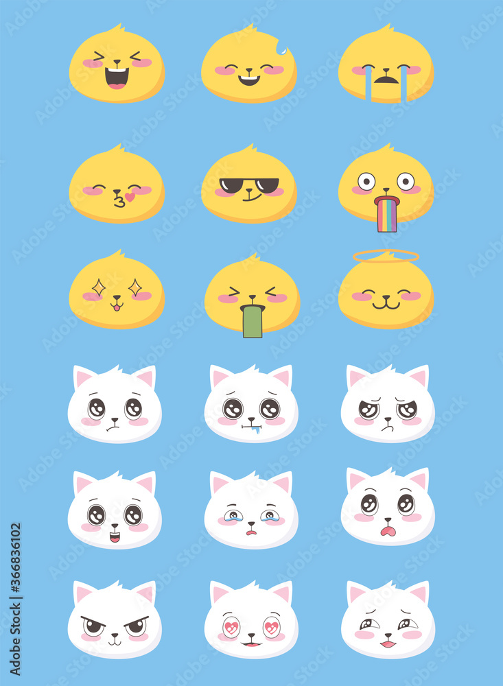 funny flat style emoji emoticon icon set faces cats facial expression funny flat style emoji emoticon icon set faces cats facial expression