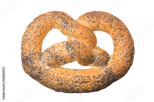 Fresh baked goods, pretzel with poppy seeds isolated on white background