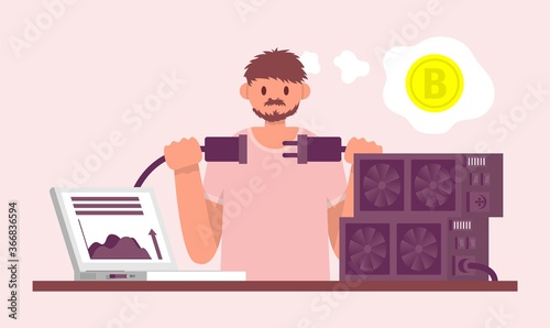 Man connect mining farm with laptop. Color vector flat cartoon illustration.