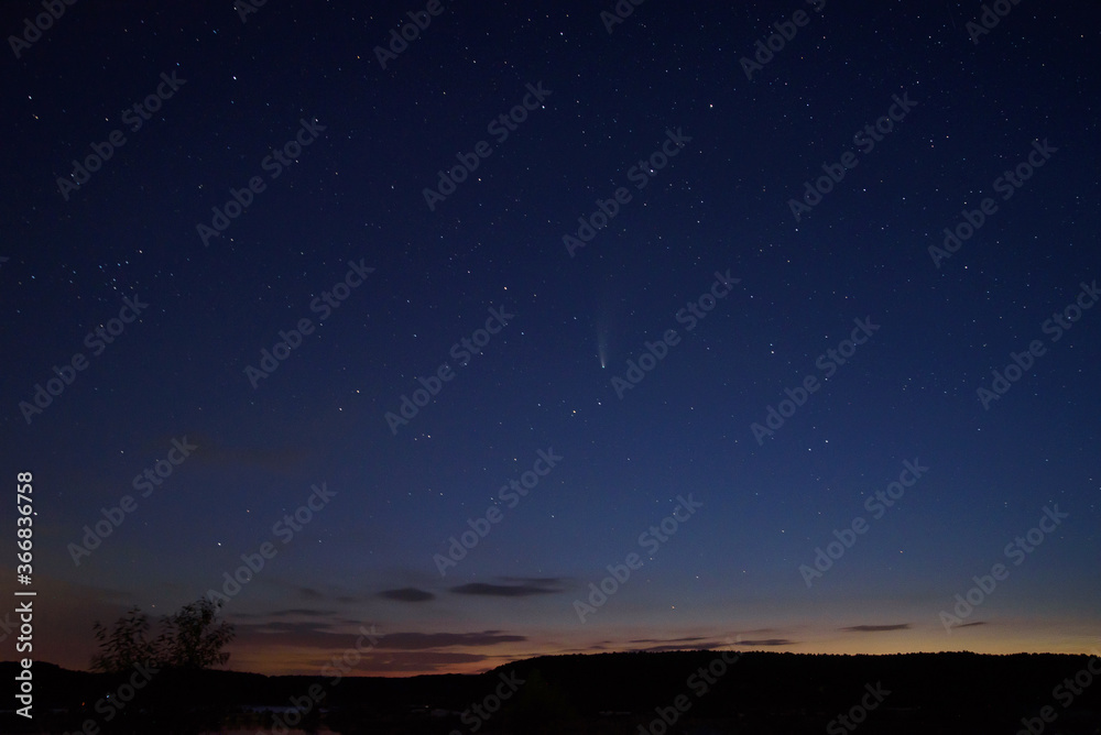 C / 2020 F3 comet (NEOWISE) at sunset. Landscape with wheat field and bales on horizon with a tree silhouette. At night, there is a bright comet and tail among the stars. Photographed in Hungary