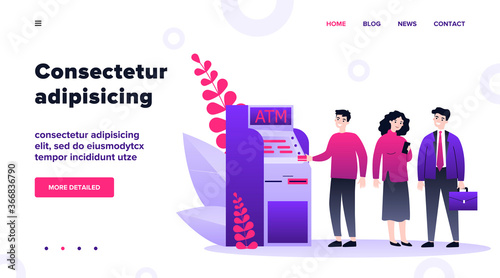 Queue of bank clients standing at ATM. People standing in line for using their credit card for transactions. Vector illustration for finance, money withdraw, currency concept