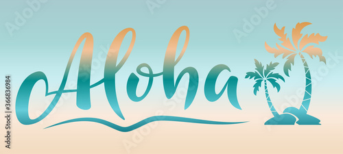 Aloha hand lettering text with palm trees. Hawaii summer t-shirt print. Colorful isolated summer hello phrase. Vector template for poster, greeting card, bags, beach party invitation