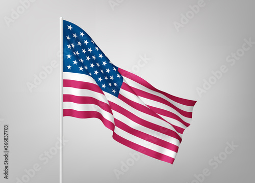 Flags of United States of America on white steel poles isolated on white background. National symbol of USA, silk waving banner with red and white stripes, with stars on blue color. Vector 3d