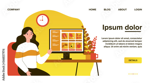 Customer choosing food in online grocery store. Woman at computer, internet shop flat vector illustration. Service, food order during lockdown concept for banner, website design or landing web page