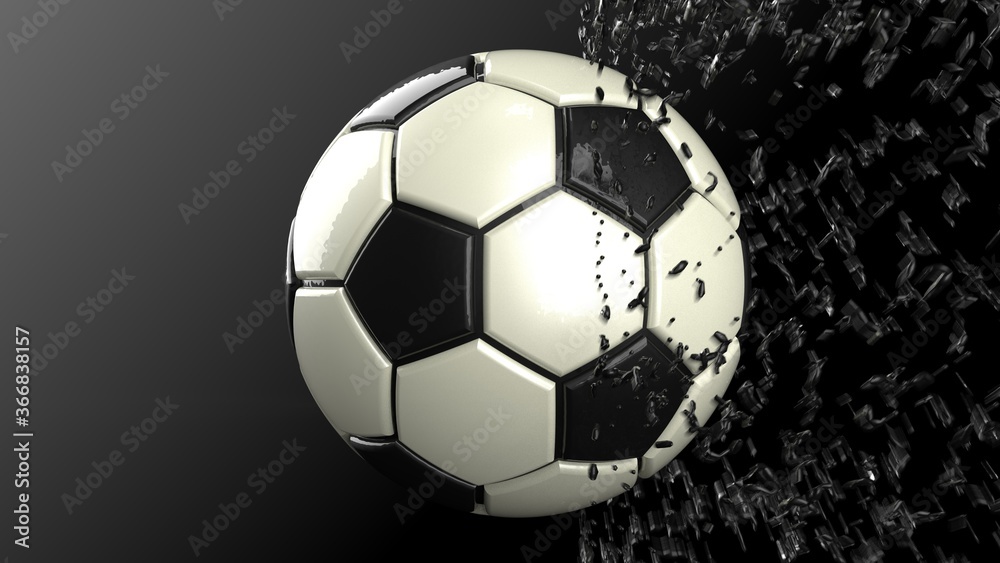 Fototapeta premium Black-White Soccer ball with Black Particles in black-white lighting background. 3D CG. 3D illustration. 3D high quality rendering.