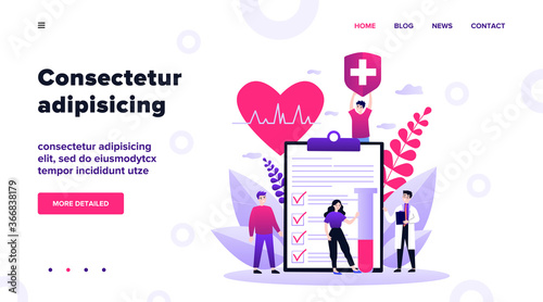 Patients and doctor advertising health insurance. People presenting medical checklist. Vector illustration for healthcare, protection, security, medical service concept