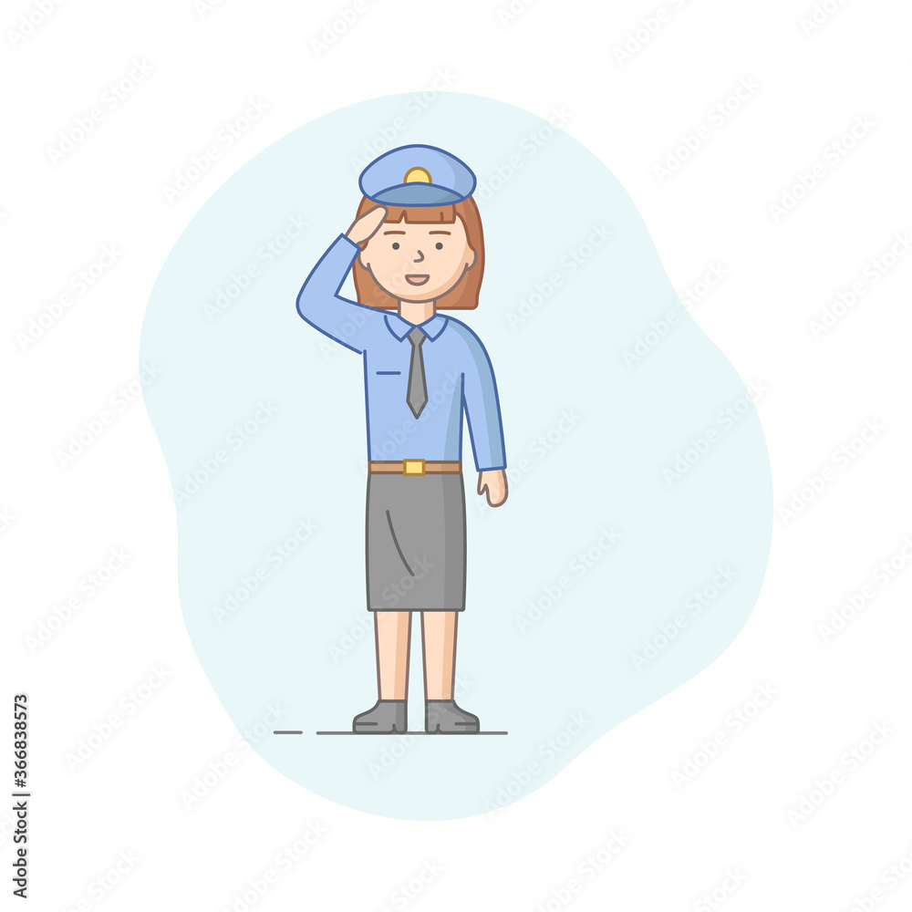 Protection Of Population Concept. Policeman Ready To Protect Order And Apprehending a Criminals. Self Confident Policewoman Officer is Saluting. Cartoon Linear Outline Flat Style. Vector Illustration