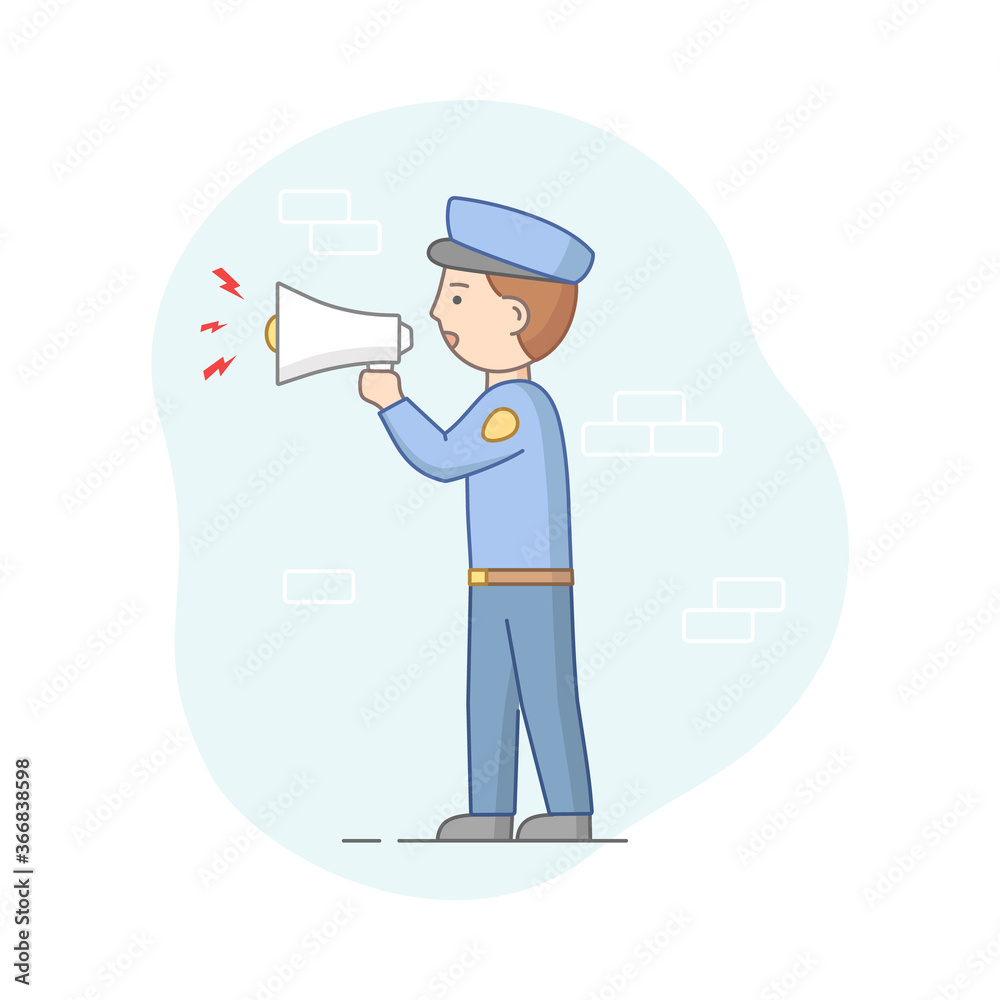 Protection Of Population Concept. Policeman Ready To Protect Order And Apprehending Criminals. Policeman Makes An Announcement With Loudspeaker. Cartoon Linear Outline Flat Style Vector Illustration