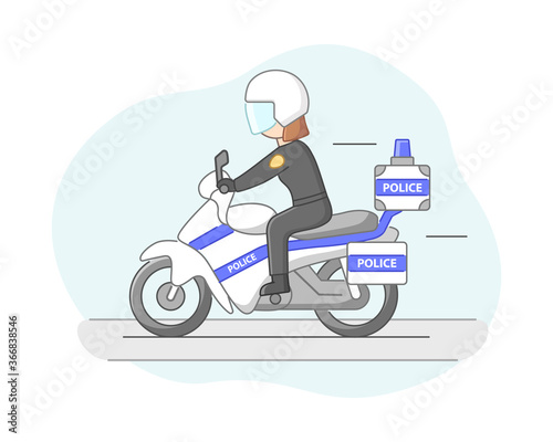 Protection Of Population Concept. Policeman Ready To Protect Order And Apprehending a Criminals. Policewoman Officer Riding By The Road On Motorbike. Cartoon Linear Outline Flat Vector Illustration
