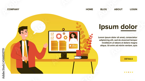 Business colleagues chatting online and discussing project. App for work, conference call, workflow flat vector illustration. Teamwork, lockdown concept for banner, website design or landing web page