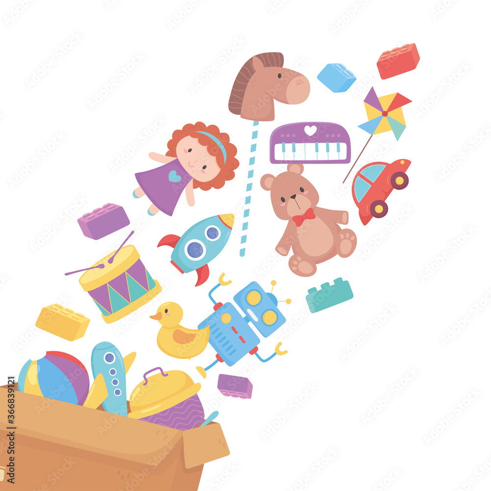falling toys in cardboard box object for small kids to play cartoon falling toys in cardboard box object for small kids to play cartoon