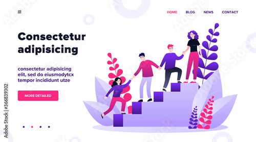 Happy young employees giving support and help each other flat vector illustration. Business team working together for success and growing. Corporate relations and cooperation concept.