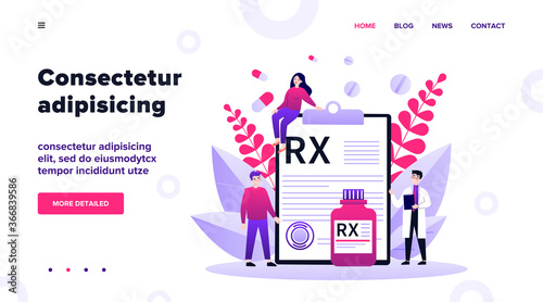 Pharmacist and patients presenting RX prescription. Doctor recommending painkiller drugs. Vector illustration for pharmacy, medication, disease, therapy concept