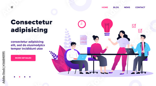 Business team working together, brainstorming, discussing ideas for project. People meeting at desk in office. Vector illustration for co-working, teamwork, workspace concept