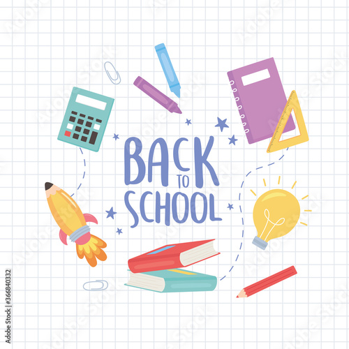 back to school, text and drawings by colored pencils book calculator education cartoon