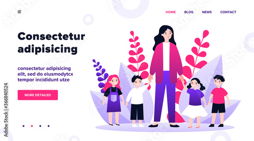Kindergarten teacher walking with kids. Positive young woman leading happy kids by hands outdoors. Vector illustration for pedagogy, preschool, primary school, education concept