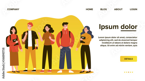 Cheerful college students with books and backpacks standing together. Teen girls and guys meeting and talking. Vector illustration for communication, studying, school friends, youth, teenagers concept