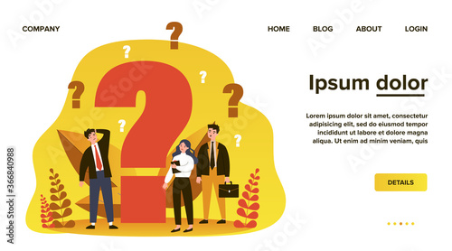 Confused businesspeople asking questions. Puzzled cartoon characters searching answers and problem solution near big question mark. Vector illustration thinking, help, assistance, trouble for concept