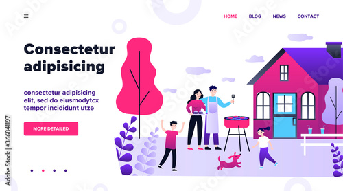 Happy family doing barbecue at garden flat vector illustration. Mother and father cooking outdoor near house. Kids playing with dog at backyard. BBQ party and weekend concept