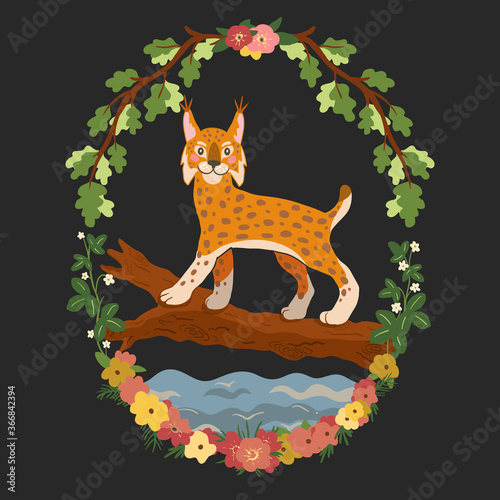 Cute lynx walking on a log Beautiful vector print 