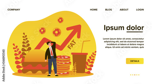 Concerning man thinking about harm from unhealthy food. Meal, burger, fat flat vector illustration. Healthcare and nutrition concept for banner, website design or landing web page