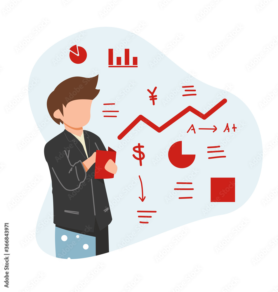 Business man in suit with pants making presentation explaining charts on a white board. freelancer, work at home. flat style vector illustration isolated on a white background