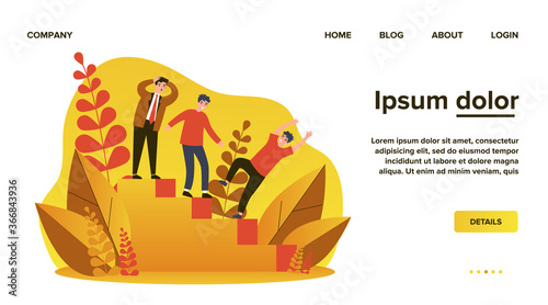Businessmen watching colleague falling from stair. Business failure, loss, error flat vector illustration. Career mistakes concept for banner, website design or landing web page