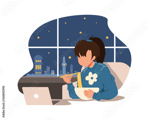 Vector concept llustration of girl eating noodle at night, refreshing after work, take a break. midnight city.