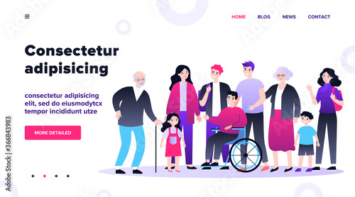Diverse community members standing together. Crowd of happy men, women of different ages, children and disabled person. Vector illustration for civil society, diversity, togetherness, citizens concept