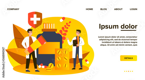 Doctor with prescription and pharmacist with ointment tube discussing treatment, pills and drug in drugstore. Vector illustration for pharmacy, medicine, medical checkout concept