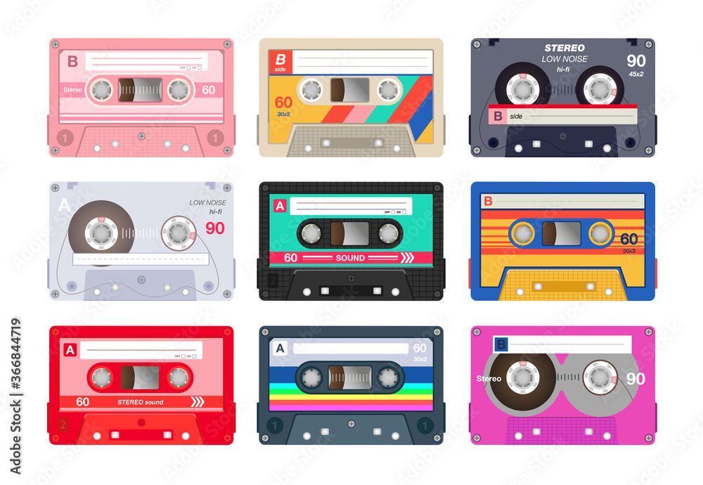 Vintage stereo cassettes flat icon set. Different retro audio tapes, old school media equipment isolated vector illustration collection. Outdated technology and music concept