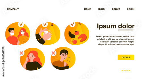 Coronavirus protection tips. People wearing masks, washing hands, coughing, suffering from flu symptoms. Vector illustration for 2019-ncov spreading, health, safety concept