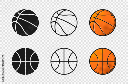 Basketball ball set icons. Orange color, silhouette, outline ball shape.