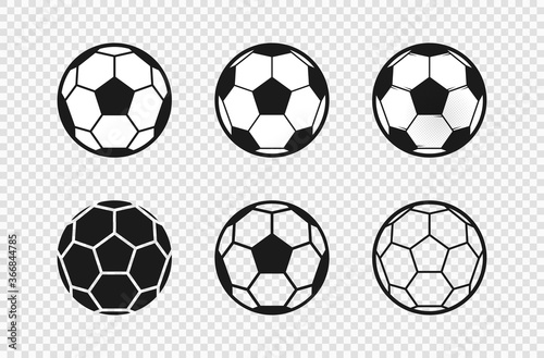 Set of different black and white soccer or football balls with a variety of pentagonal logo patterns, isolated on transparent background