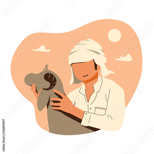 vector illustration of people holding goat for qurban or kurban or sacrifice. happy Eid al adha, greeting card, banner, cartoon goat. Isolated on white background