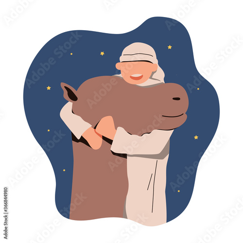 vector illustration of people holding camel for qurban or kurban or sacrifice. happy Eid al adha, night ramadan, greeting card, banner, cartoon camel. illustration for landing page design.