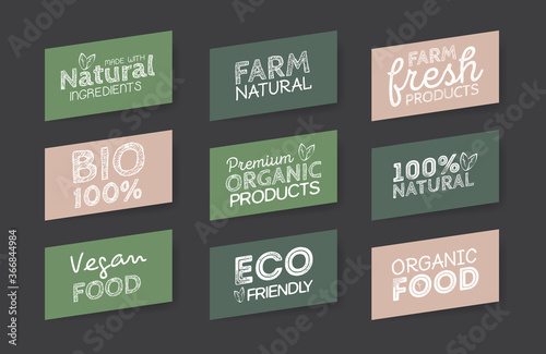 Green Eco Food Labels. Health Headings. Vector Illustration Collection