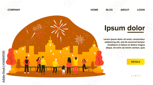 Crowd of city people celebrating urban festive event, watching spectacular firework in night sky over city scape. Vector illustration for pyrotechnics, show, explosion concept