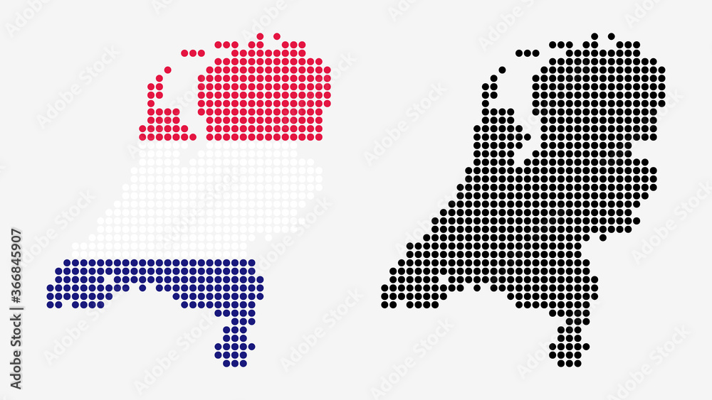 Map of the Netherlands, in dotted style. One version includes the flag, the other is simply black. Vector Graphic.