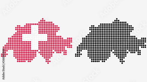 Map of Switzerland, in dotted style. One version includes the flag, the other is simply black. Vector Graphic.