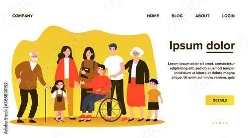 Diverse community members standing together. Crowd of happy men, women of different ages, children and disabled person. Vector illustration for civil society, diversity, togetherness, citizens concept