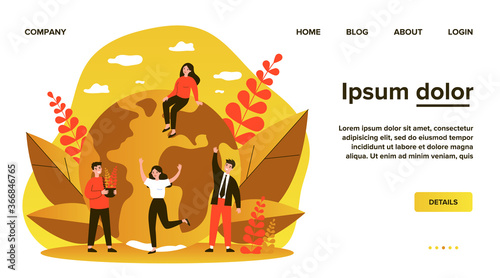 Earth, men with plants and women flat vector illustration. Tiny people saving world ecology and huge planet at background. Eco, environment and protecting nature concept