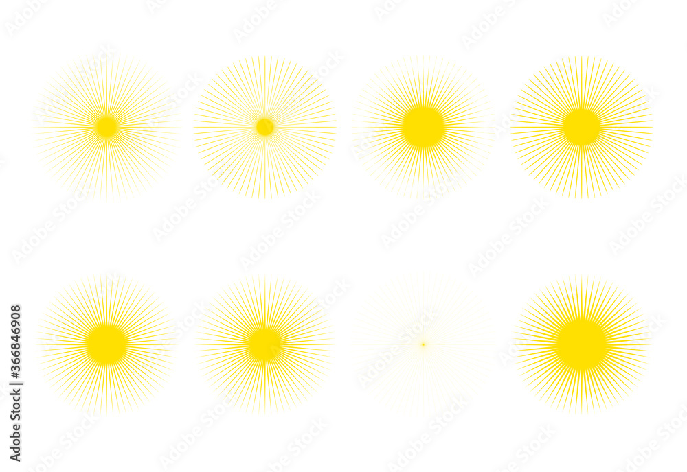 Geometric sunburst collection. The sun rays frame set with thin rays of different kinds