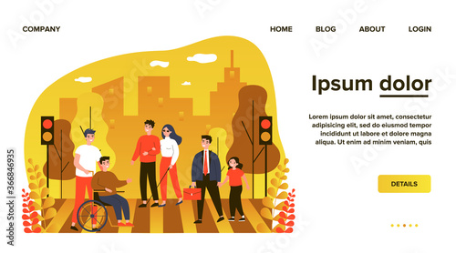 Disabled people crossing street. Blind woman, wheelchair, child flat vector illustration. Urban traffic, safety, rules concept for banner, website design or landing web page