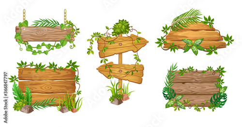 Various jungle wooden boards flat icon set. Colorful game pointers and info labels with tropical lianas and plants isolated vector illustration collection. Wood panels and information tables concept