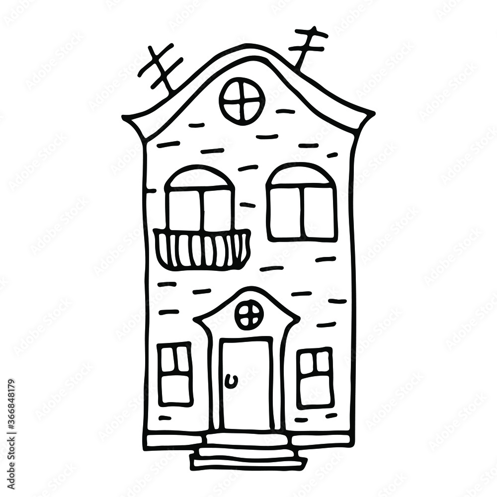 Hand drawn cartoon house. Children's illustration with stylized building. Vintage black and white outline vector illustration