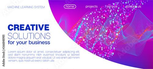 Flying Particles Distressed Purple Vector. 3D Flow Shapes Poster. Data 
