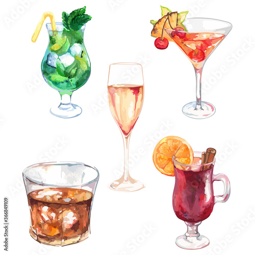 Watercolor exotic drink alcohol cocktail set isolated vector